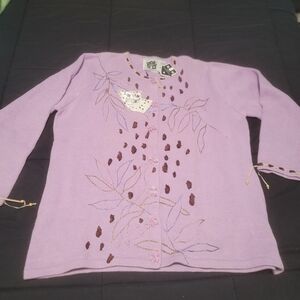 Storybook Knits NWT Lavender Sequin Jungle Hideaway Cat Button Up Cardigan XL